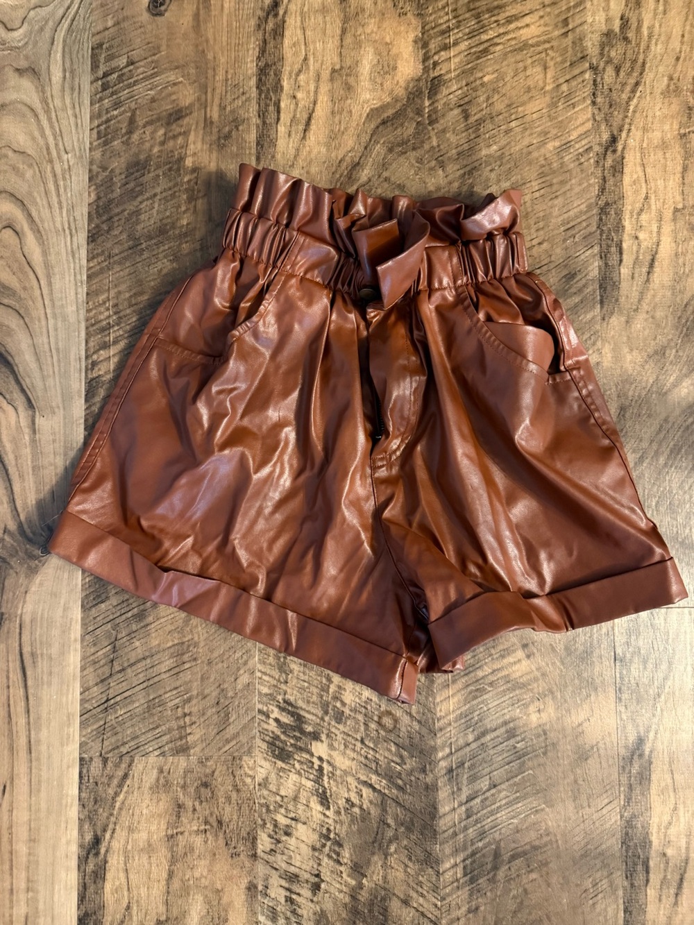 High-Waist Faux Leather Paperbag Shorts — Brown